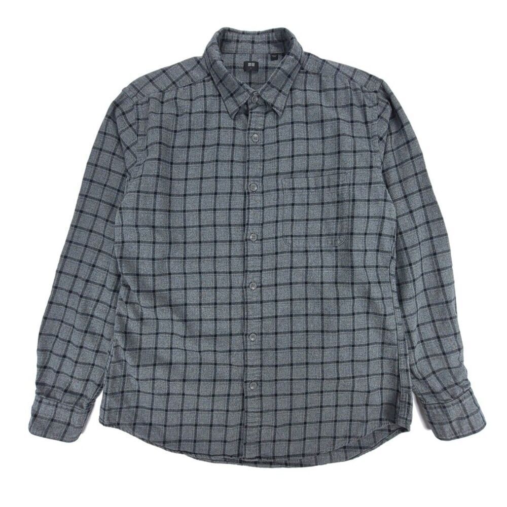 UNIQLO Minimal Checkered Long Sleeve Button Down Flannel Shirt Mens‎ Large Gray